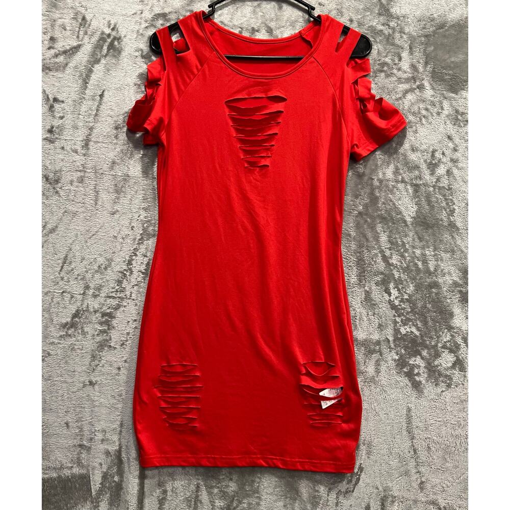Women’s Red Mini Dress Size Medium 6 Ripped Ladder-Cut Detailing Tee Style